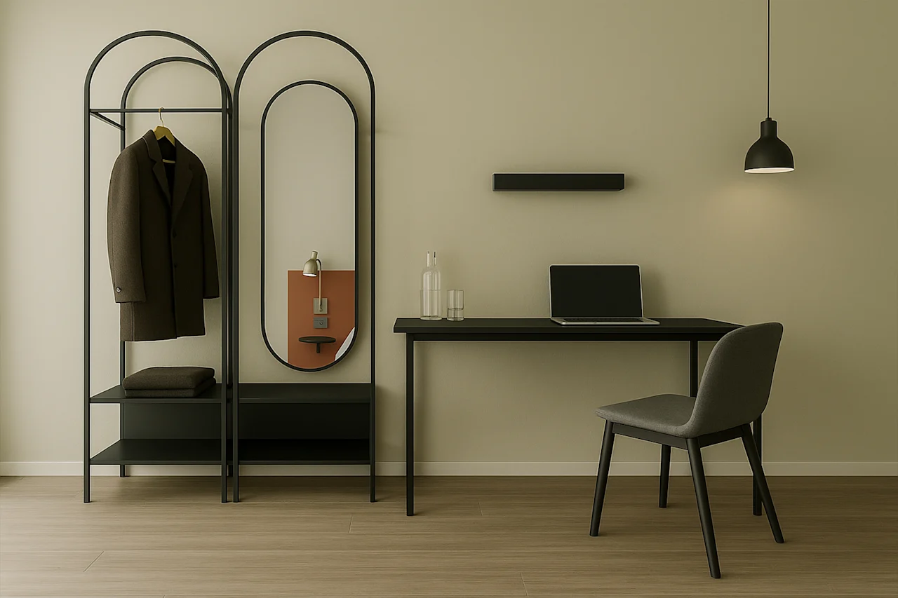 A modern room with a coat rack, mirror, and a desk with a laptop, suggesting a functional space for work or travel.