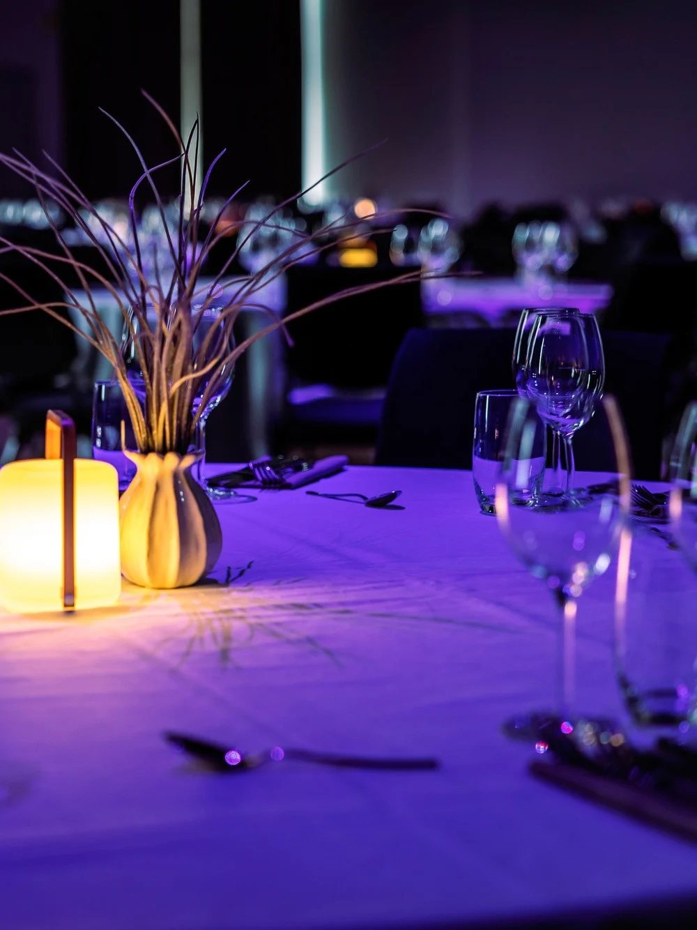 Et bord dekket for en formell begivenhet har vinglass og bestikk arrangert pent. Et glødende lys og en dekorativ vase med gress skaper en elegant, stemningsfull atmosfære i et svakt opplyst rom.