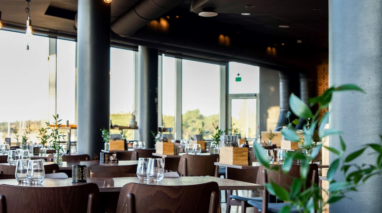 Bord med glass er satt i en moderne restaurant, med store vinduer som vender mot vegetasjon utenfor.