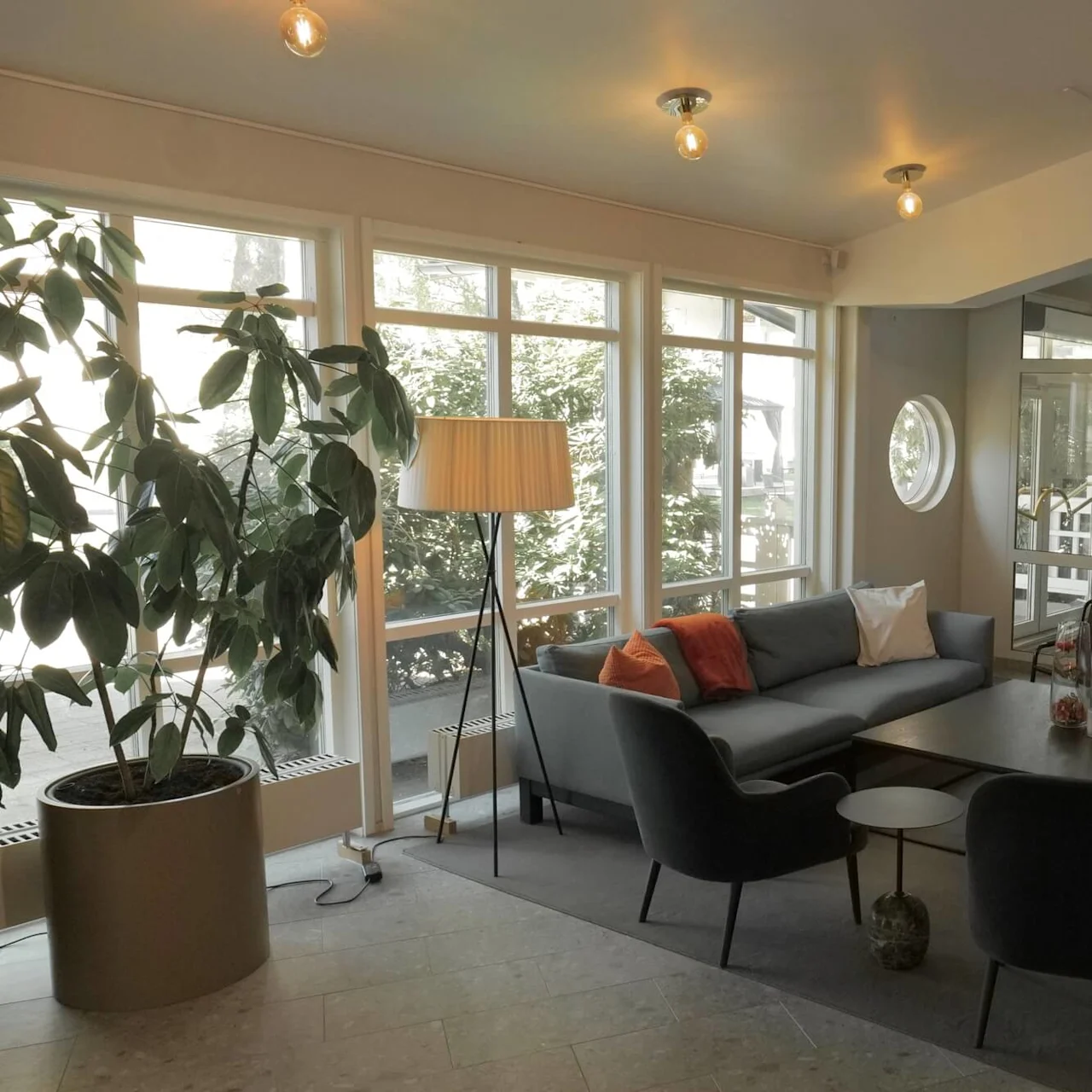 Grå sofa med farverige puder, placeret i et lyst, vinduesfyldt rum med en potteplante og moderne dekorationer, ved siden af et glasvægget indgangsområde.