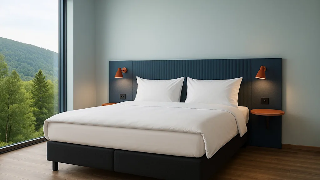 Et moderne hotelværelse med en komfortabel seng, sengelamper og et stort vindue, der tilbyder en fredfyldt udsigt over en frodig grøn skov.
