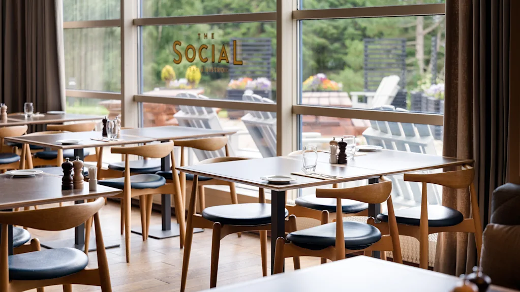 Moderni ravintola, jossa on katetut puupöydät ja tuolit suurten ikkunoiden äärellä ja näkymä vihreyteen.