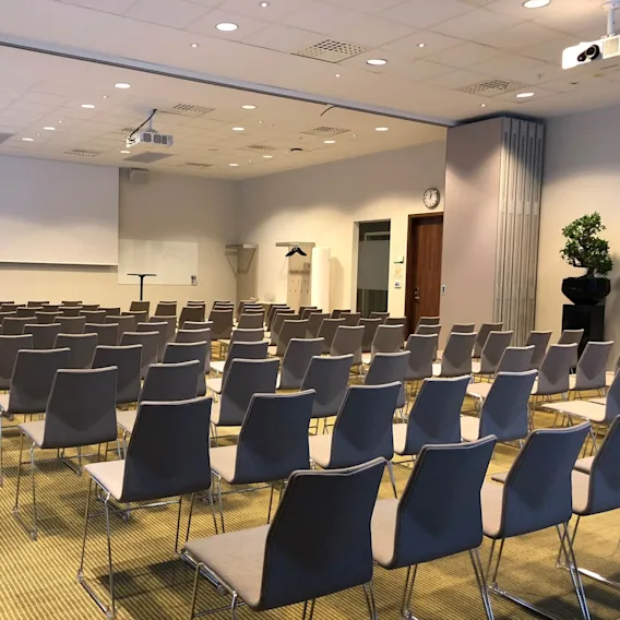 Rader av tomma grå stolar vända mot en vit projektorduk i ett konferensrum. Rummet har en talarstol, heltäckningsmatta och en krukväxt.