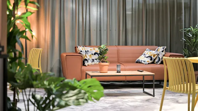 En brun skinnsofa med mønstrede puter står foran et salongbord med en potteplante, omgitt av gule stoler og grønne planter, med grå gardiner i bakgrunnen.