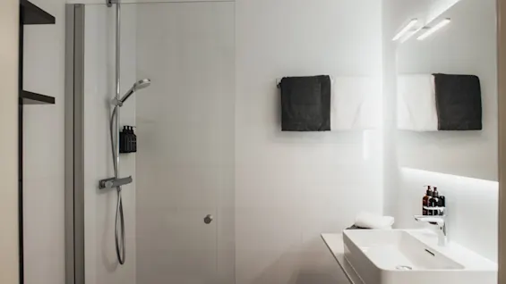Et rent, moderne badeværelse med en brusekabine med glasvæg og et elegant vaskeområde med toiletartikler.