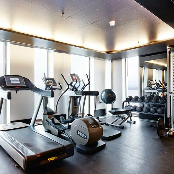 Løbebånd står stille ved store vinduer, der vender ud mod havet i et moderne fitnesscenter. I nærheden er motionscykler, en romaskine, og pænt stabeliserede håndklæder synlige.