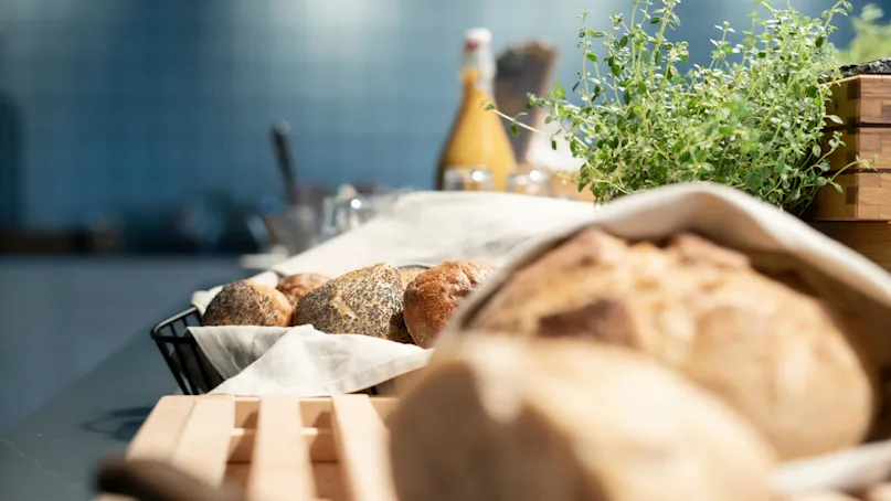 Fresh bread on a counter with a potted herb in the background, suggesting a kitchen setting.