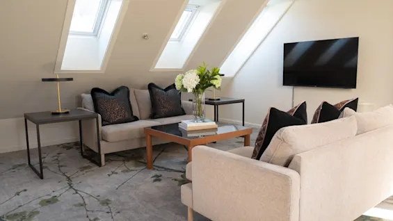 En koselig stue med komfortable sofaer, et salongbord, en TV og lyse takvinduer.