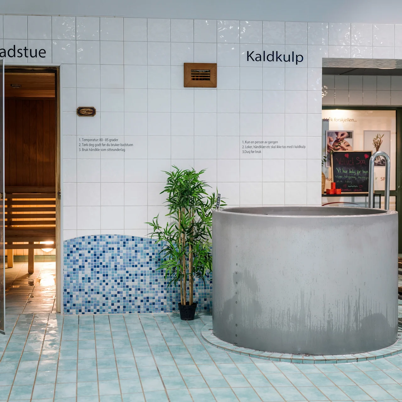 Sauna with open wooden door beside a cold plunge pool in a tiled room, featuring a plant. Norwegian text includes: "Tørrbadstue", "Kaldkulp", and usage instructions beside each feature.