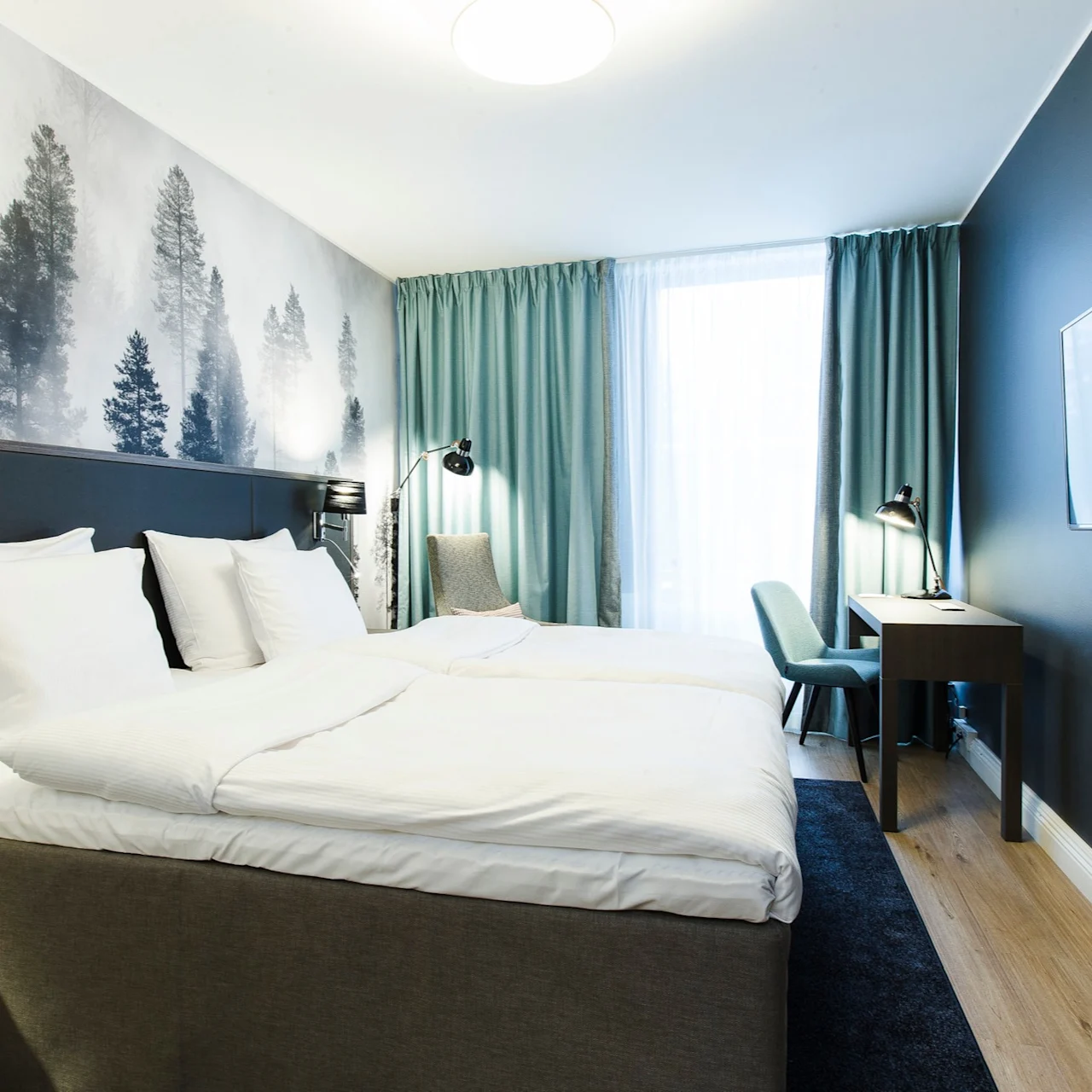 A neatly made bed with white linens stands against a wallpapered wall with tree motifs. A wooden desk and chair sit by a window with teal curtains; a TV is mounted opposite.