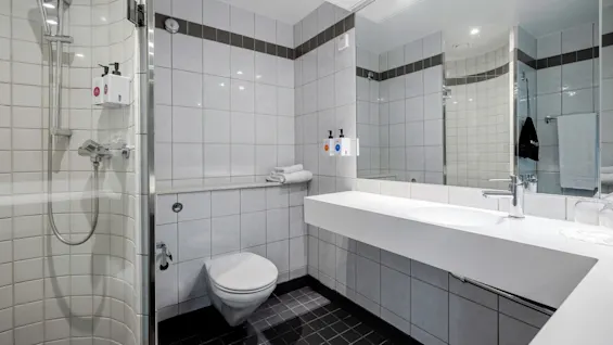 Shower and toilet in tiled bathroom with a counter and sink, featuring soap dispensers and folded towels. Well-lit with mirror reflecting the surroundings.