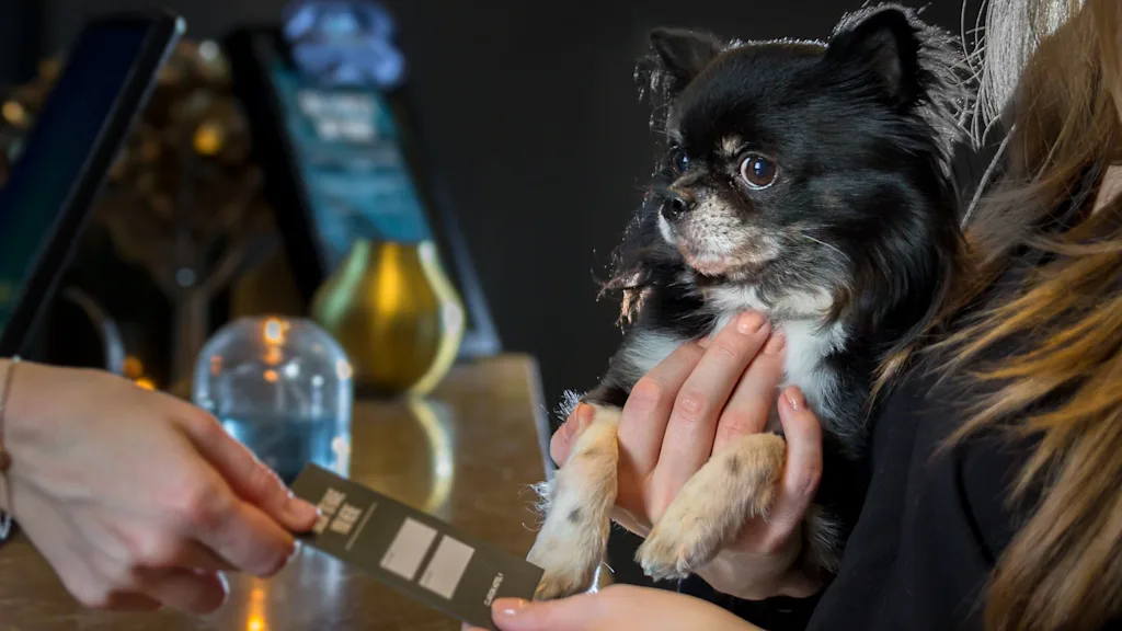 A small black and white dog is held by a person while they hand a card to another individual across a counter. The background features a modern, dimly lit interior with screens and a decorative vase. Text visible on a card: "QUALITY INN."