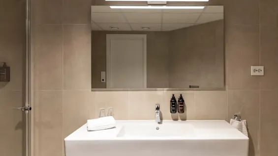 A clean, modern bathroom sink area with a large mirror, toiletries, and fresh towels, ready for use.