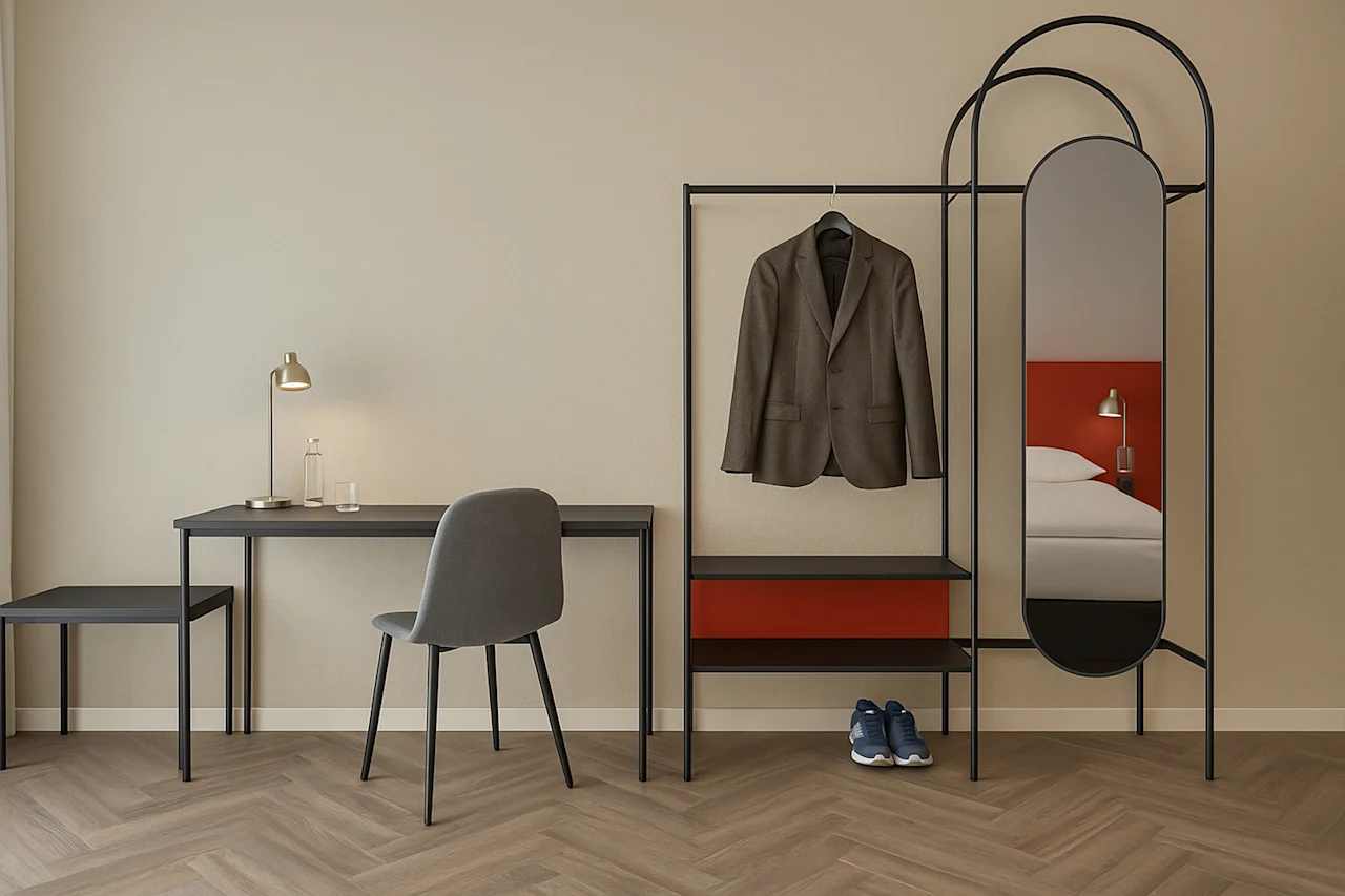 Et moderne hotelværelse med et skrivebord med en lampe, en stol og et tøjstativ med en jakke og sko, der afspejler en seng.