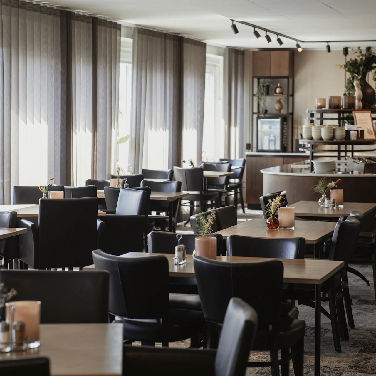 Several wooden tables with black chairs are arranged neatly. Soft lighting highlights plants and decor on shelves. Large windows with sheer curtains illuminate the cozy dining area.