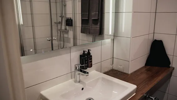 Ett välutrustat badrum med ett elegant handfat, en spegel och en dusch, som erbjuder ett uppfriskande utrymme för gäster.