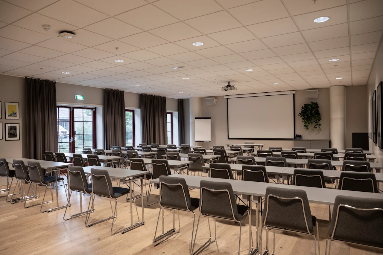 Klasserom med rekker av pulter og stoler vendt mot en tom hvit skjerm. Flippover og potteplante på siden. Naturlig lys fra vinduer med gardiner. Parkettgulv og taklamper.