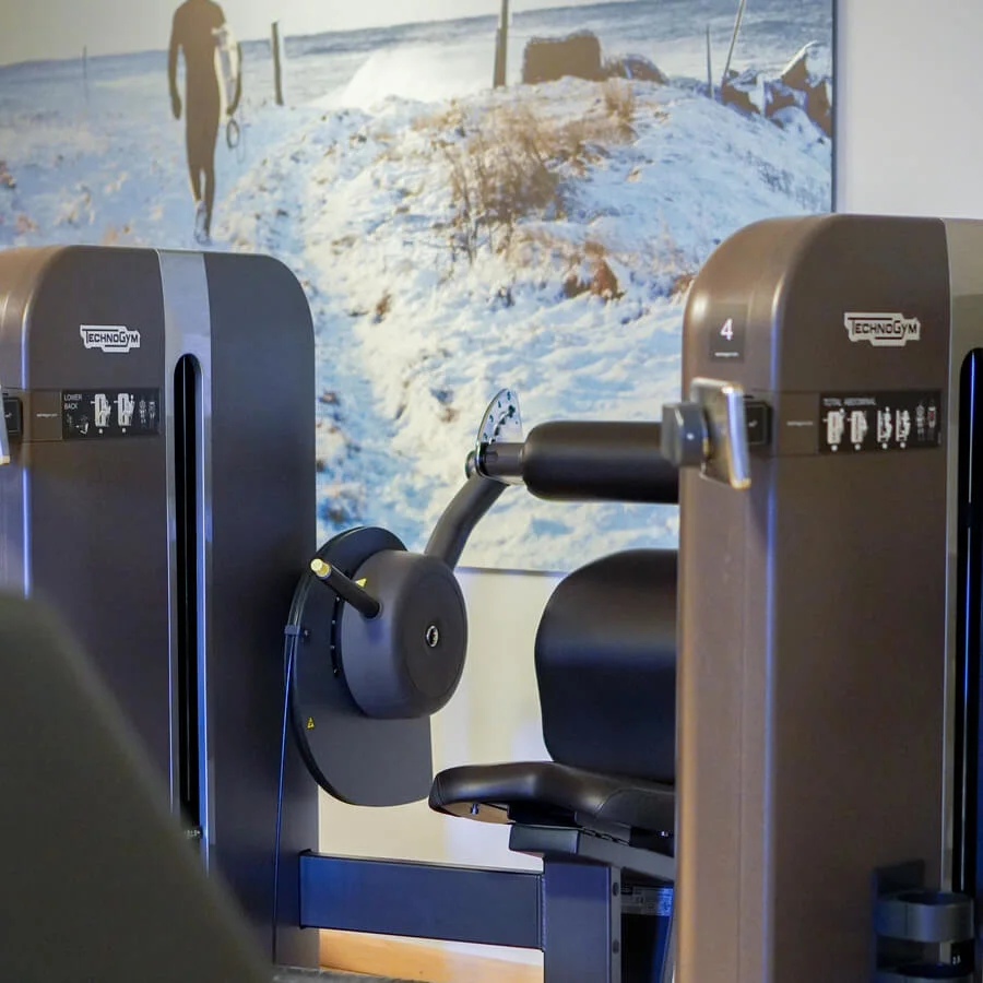 Gymutrustning står oanvänd inomhus; väggarna har en mural av ett snölandskap med en surfare. Text: "TECHNOGYM" och "LOWER BACK" på maskinerna.