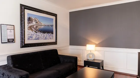 Et værelse med en sort sofa, sofabord og et stort indrammet billede af et sneklædt bjerg og sø. En lampe giver blødt lys. Få fordele.