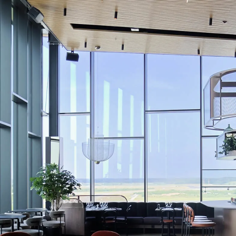 Spacious lounge with modern, cushioned chairs and tables; large windows offer a view of a bright, open landscape; greenery and pendant lights enhance the sophisticated ambiance.