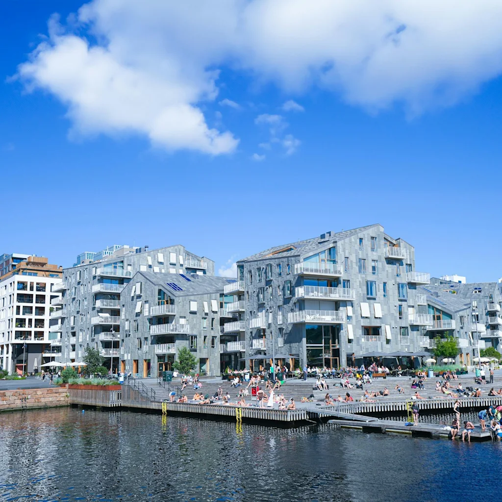 People relaxing by the water on a sunny day, with modern buildings in the background. Some are swimming, others are sunbathing.