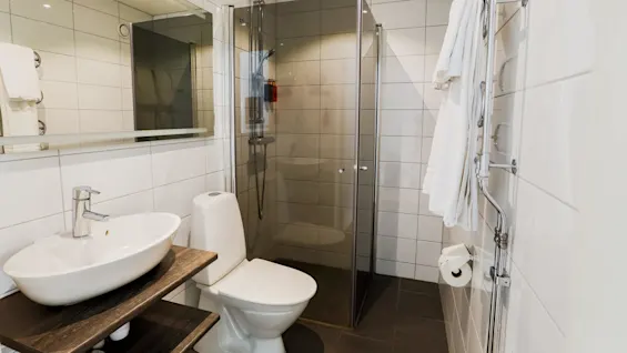 Moderni kylpyhuone lasiseinäisellä suihkulla, pesuallas puutasolla ja wc-istuin, pyyhkeet roikkuvat telineellä.