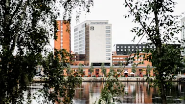 Høje bygninger står på den anden side af en flod, set gennem løvrige grene, der skaber et indrammet bylandskab.