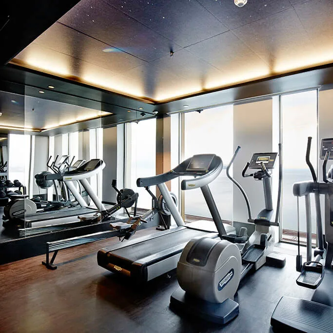 Løbebånd og træningsmaskiner står i et moderne fitnesscenter med spejlvægge, med udsigt over havet gennem store vinduer.
