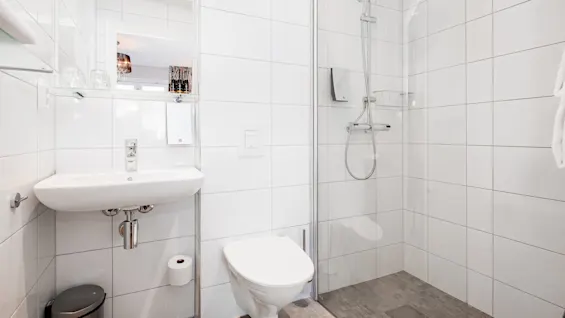 Et moderne bad med toalett, vask og dusj inngjerdet med glass, hvite fliser og reflekterende overflater.