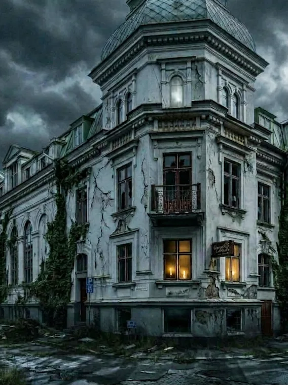 Et gammelt, forfaldent hotel under en mørk og stormfuld himmel med lys i vinduerne.