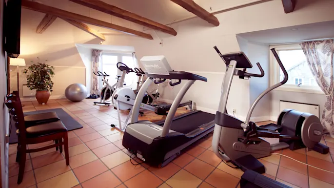 Exercise equipment in a room with terracotta tiles, wooden beams, and a window with curtains.