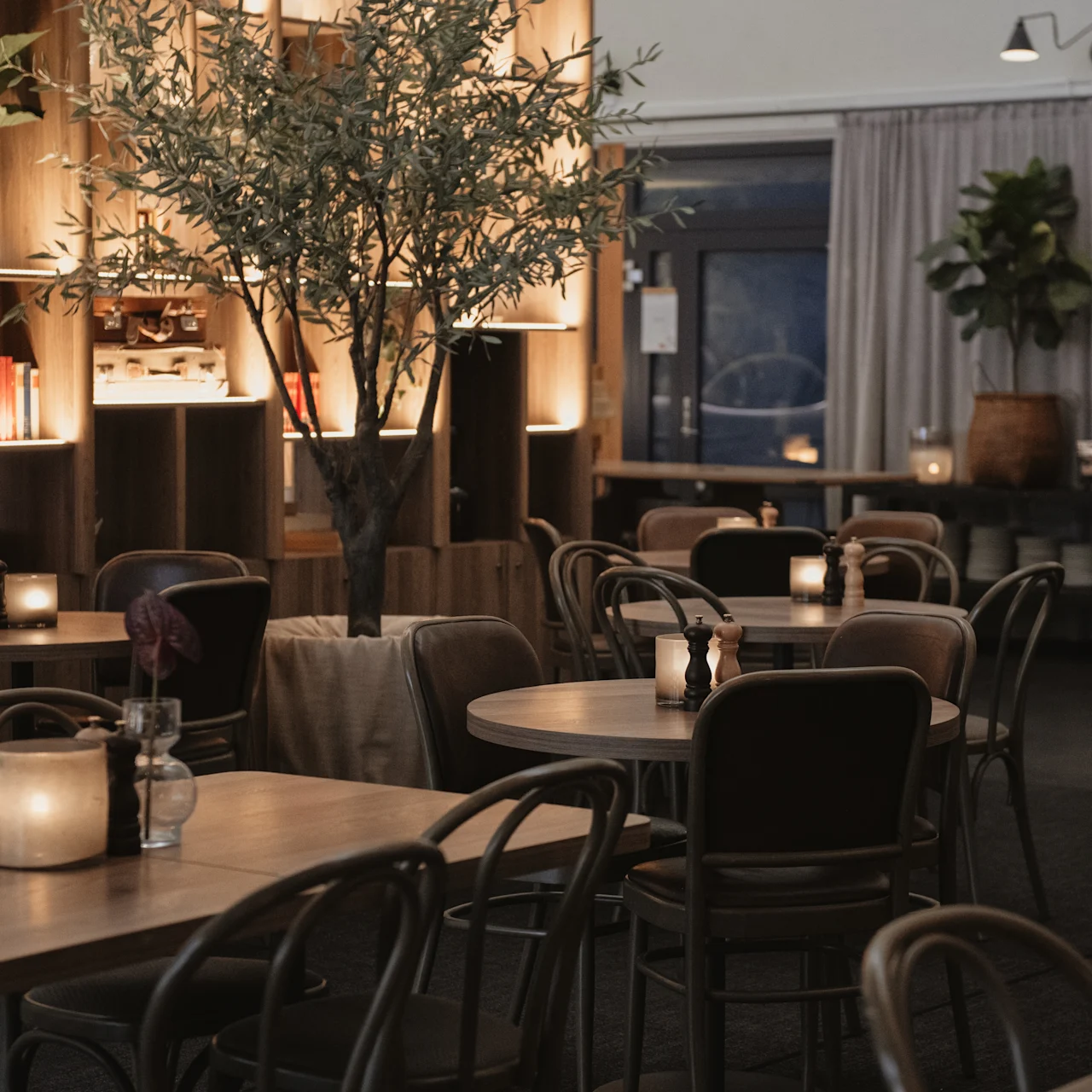 Bord med trästolar är arrangerade i en svagt upplyst restaurang med mjuka ljus, växter och ljus. En stor hylla med dekorativa föremål ger en varm och mysig atmosfär.