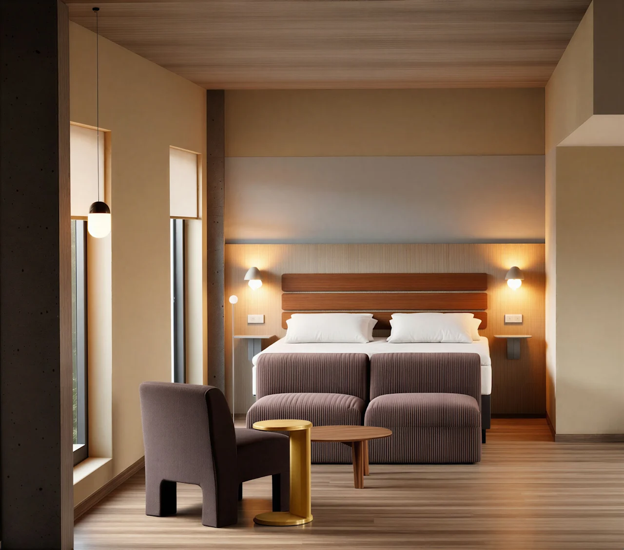 Et moderne og indbydende hotelværelse med en komfortabel seng, et hyggeligt siddeområde og varm belysning.