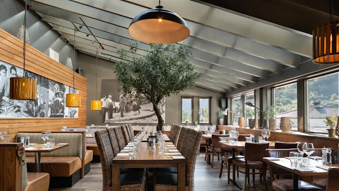 Restaurant interior with a large wooden table and wicker chairs surrounding an olive tree; black-and-white photographs on the wall, with glassware and warm lighting in a natural setting.