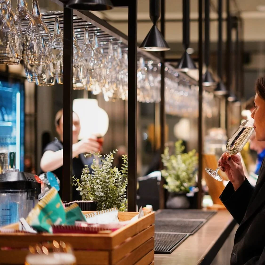 A woman sips from a wine glass at a bar counter adorned with hanging glasses and small plants, while a bartender serves a drink in a softly lit lounge.