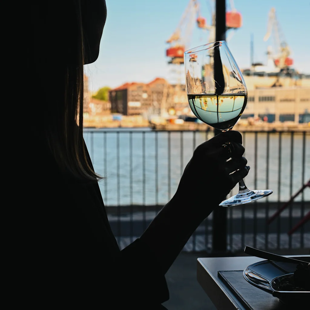 Njut av ett glas vitt vin med utsikt över hamnen och kranar. The Social Bar & Bistro på Clarion Hotel Helsinki.
