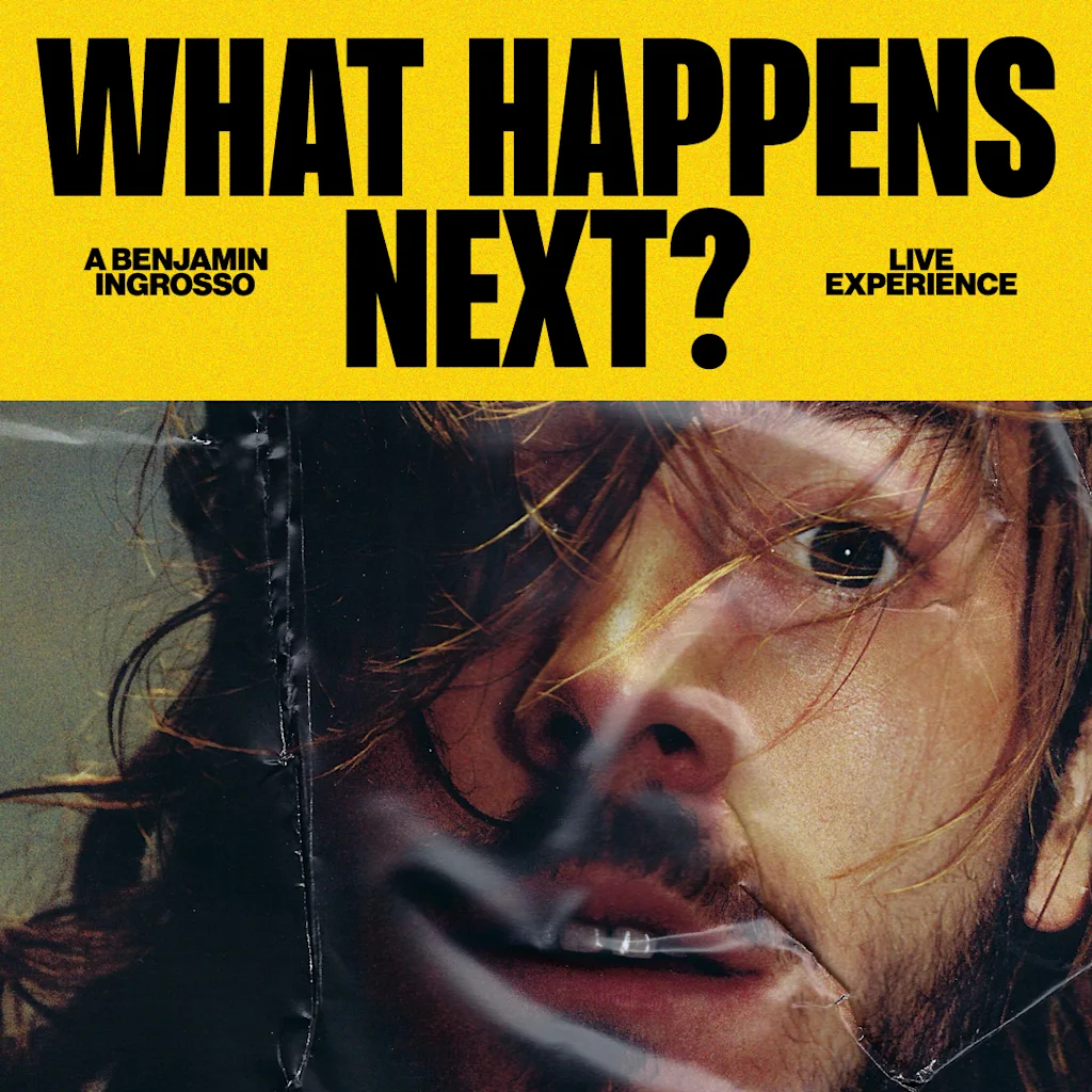 A person's face partially obscured by a translucent material, next to a yellow panel with the text WHAT HAPPENS NEXT? A LIVE EXPERIENCE.
