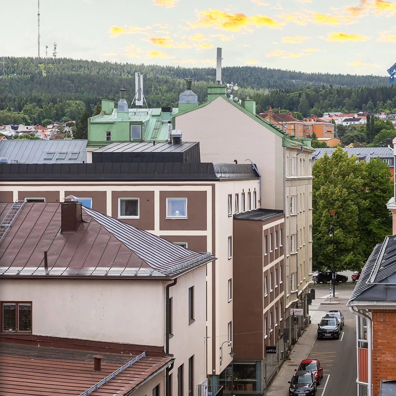En stadsbild med takåsar, en flagga och avlägsna gröna kullar under en molnig himmel.