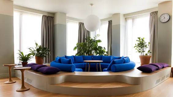 En cirkulær blå sofa omgiver et lille træbord, placeret i et solrigt rum med store vinduer og planter. En rund lampe hænger over. En ur viser 9:47.