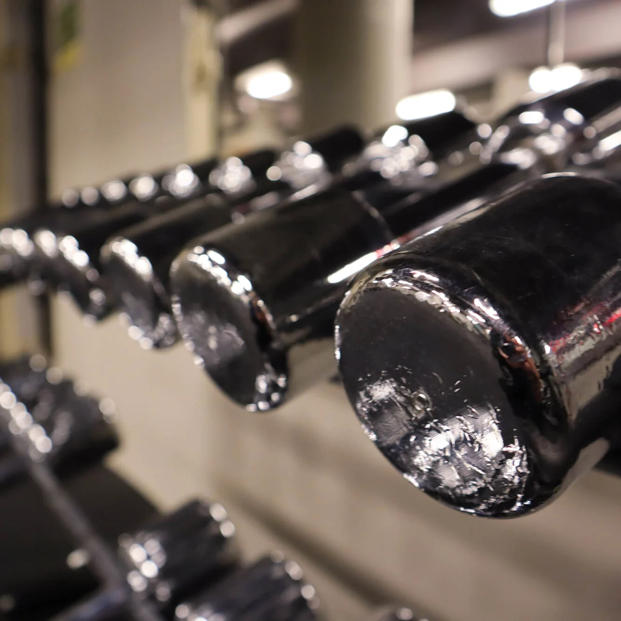 Shiny dumbbells in a row on a rack, focused on the closest, in a gym setting.