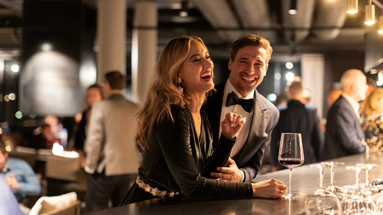 A woman and man, elegantly dressed and laughing, stand at a bar holding drinks; background shows a lively social gathering with people mingling under dim lighting.