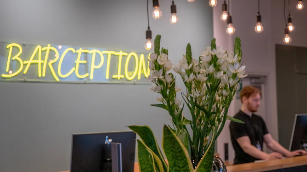 A plant sits on a wooden reception desk, behind which a person uses a computer. Overhead, light bulbs hang, and a neon sign reads "BARCEPTION" on the wall.