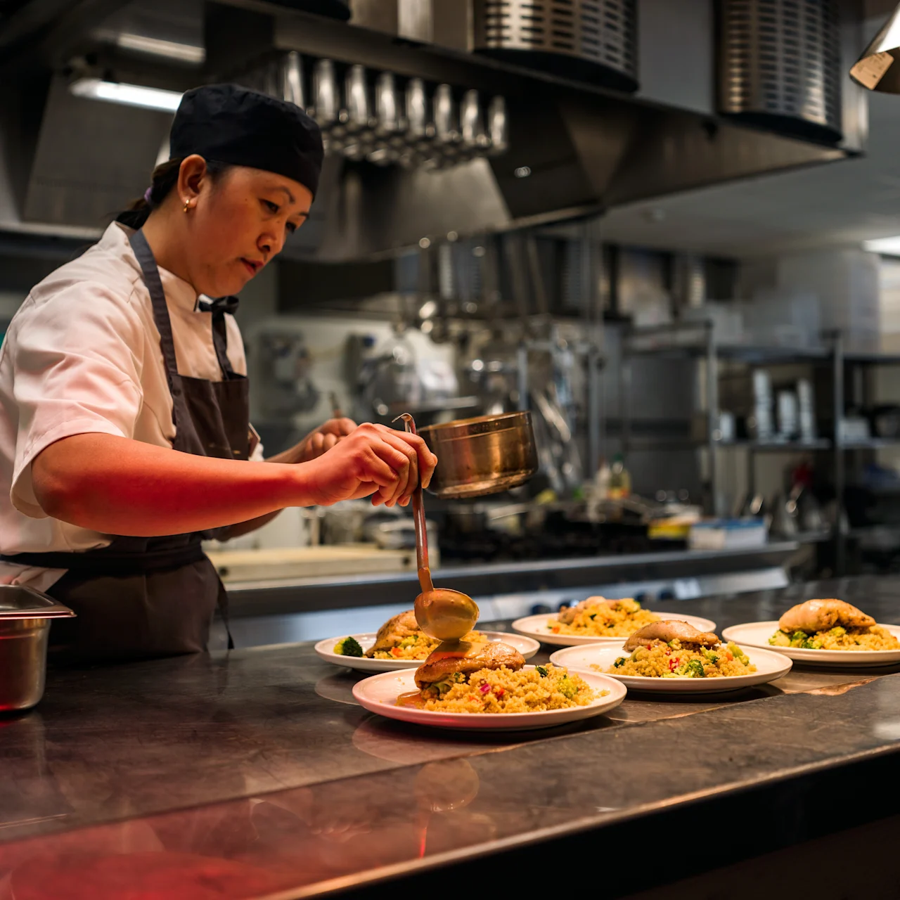 Chef plating dishes with a sauce in a professional kitchen, surrounded by stainless steel equipment and cooking utensils.