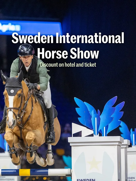 A rider jumping over an obstacle at Sweden International Horse Show with text about discount on hotel and ticket.