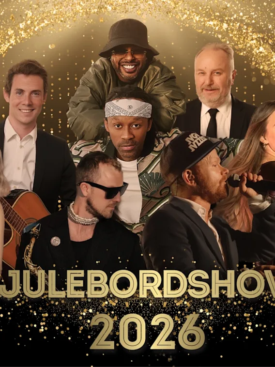 En gruppe artister smiler mot en glitrende gullbakgrunn, som annonserer JULEBORDSHOW 2026.