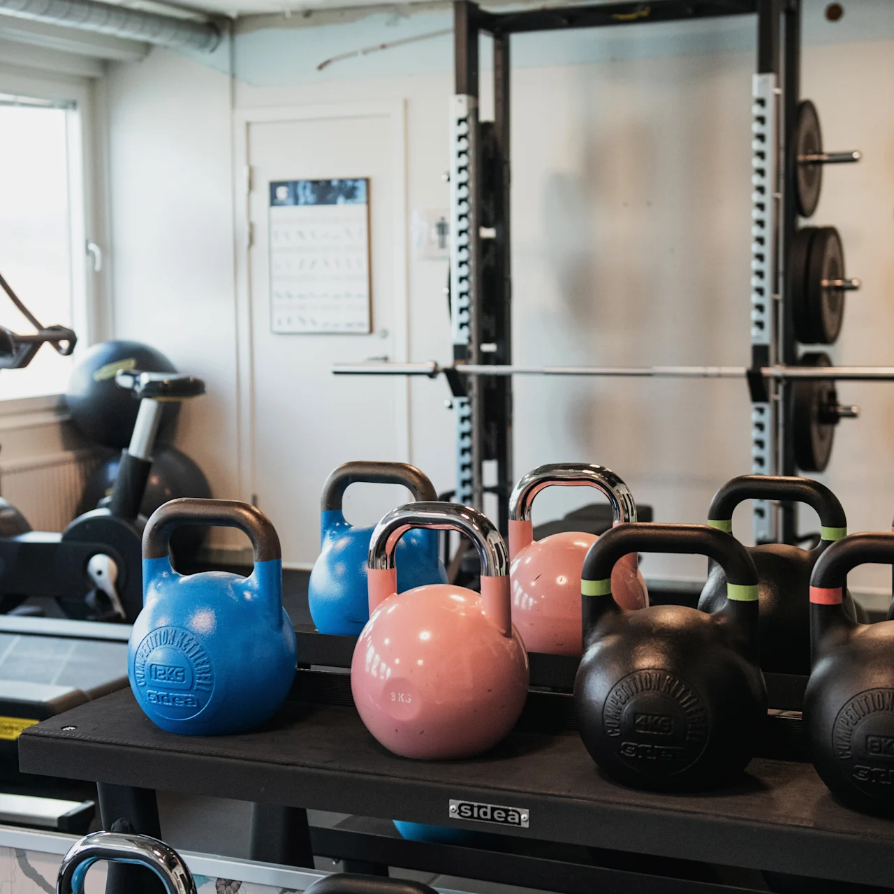 Kettlebells rest on a gym rack; black, blue, and pink kettlebells are organized by size, with a squat rack and treadmill in the background. Sunlight streams through nearby windows.