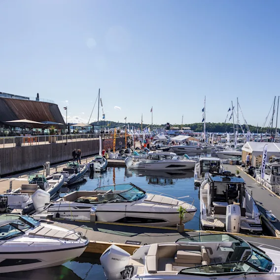 En solrik dag i en travel marina med mange båter fortøyd, og en moderne bygning med store vinduer som vender mot vannet.