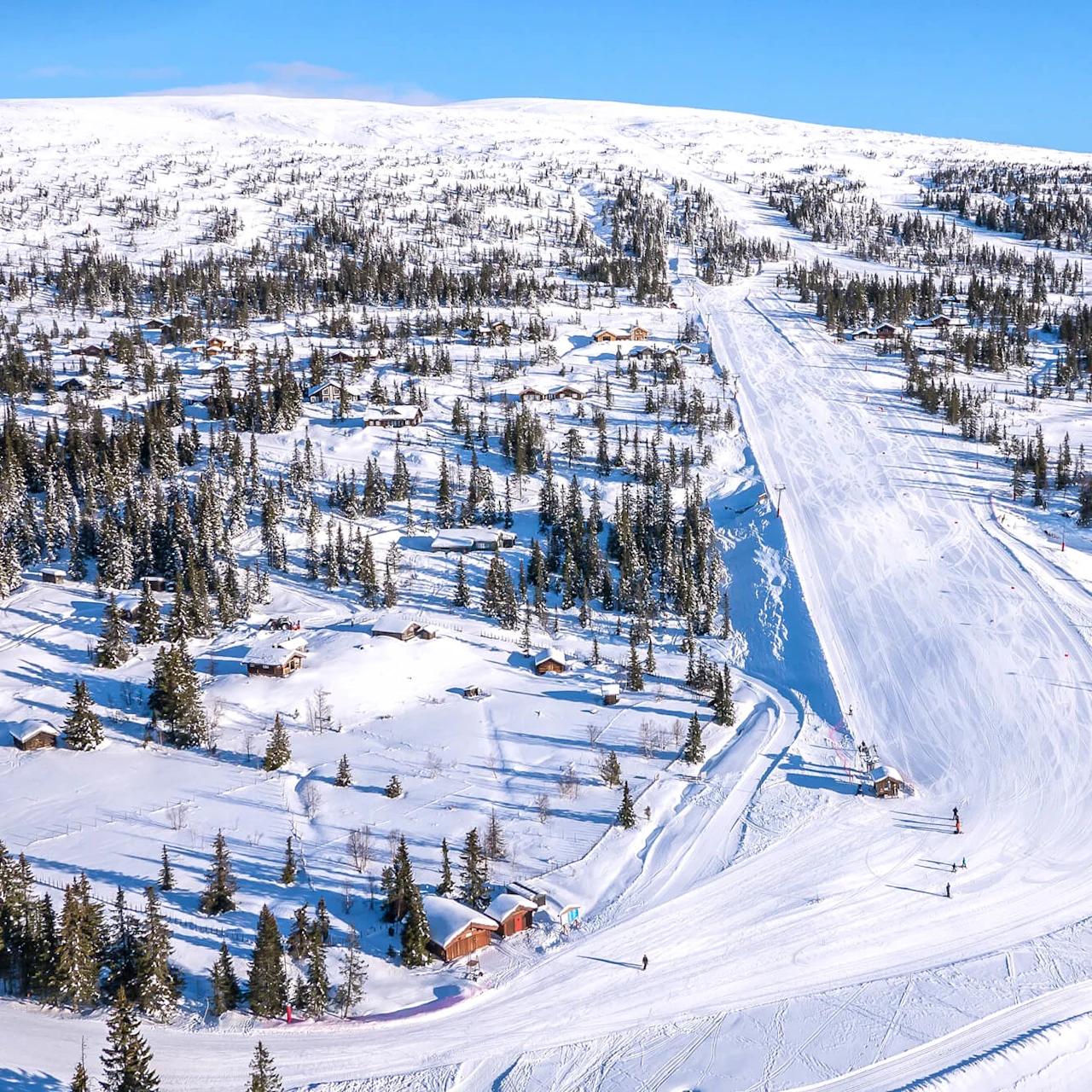 A snowy ski slope descends between rustic cabins and pine trees under a clear blue sky, creating a serene winter landscape.