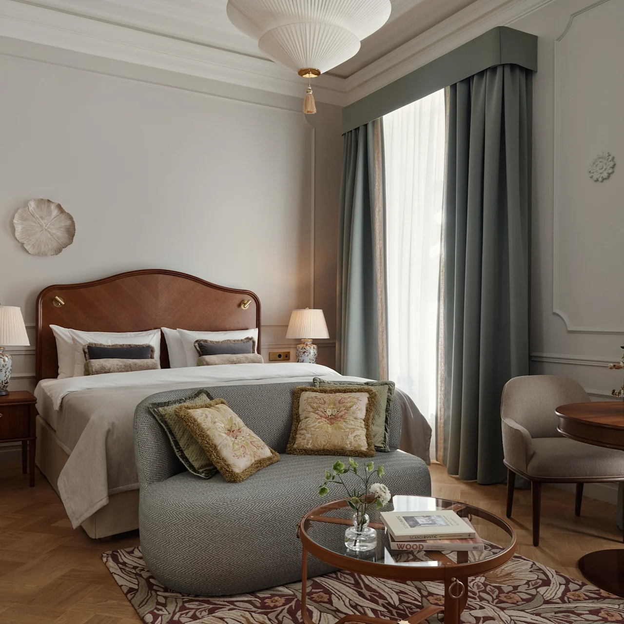 A neatly arranged bedroom features a wooden bed with pillows and lamps, surrounded by elegant curtains. A small sofa and round table with flowers add coziness to the room.