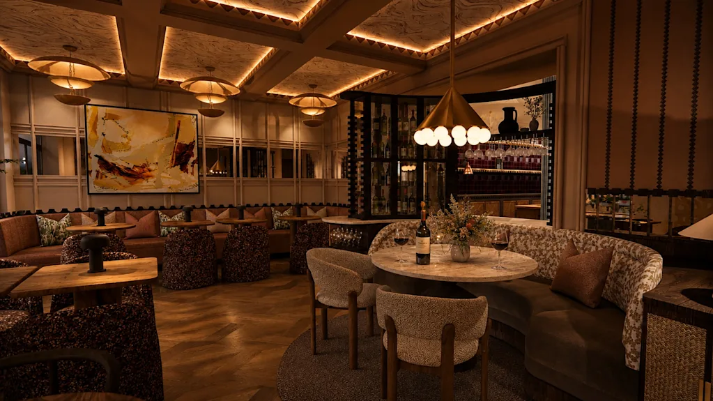 En elegant lounge eller bar med dämpad belysning, bekväma sittplatser, bord med drycker och varm, dekorativ belysning.